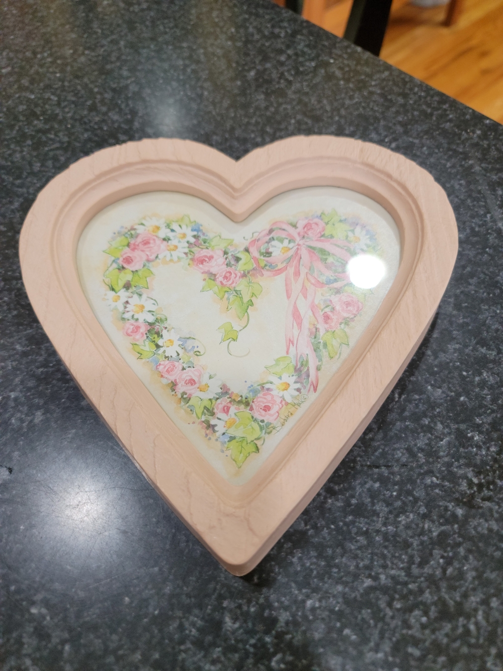 Vintage Homco Barbara Mock Heart Framed Wall Art Pink Ribbon Rose Wreath Cottage